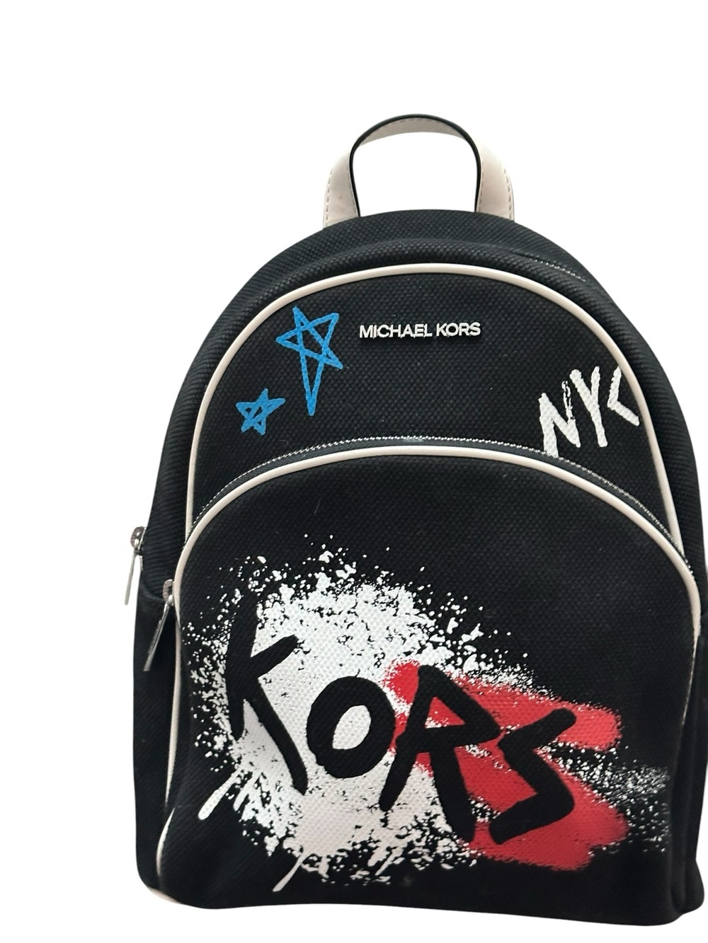 Michael Kors Abbey Small Graffiti Backpack Black White Canvas Logo Bookbag Bag - Picture 4 of 11